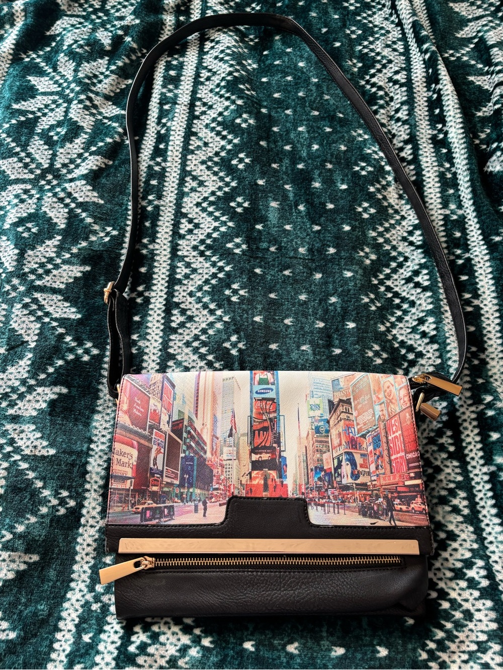 Cityscape Print Crossbody Bag with Black Trim and Gold Accent